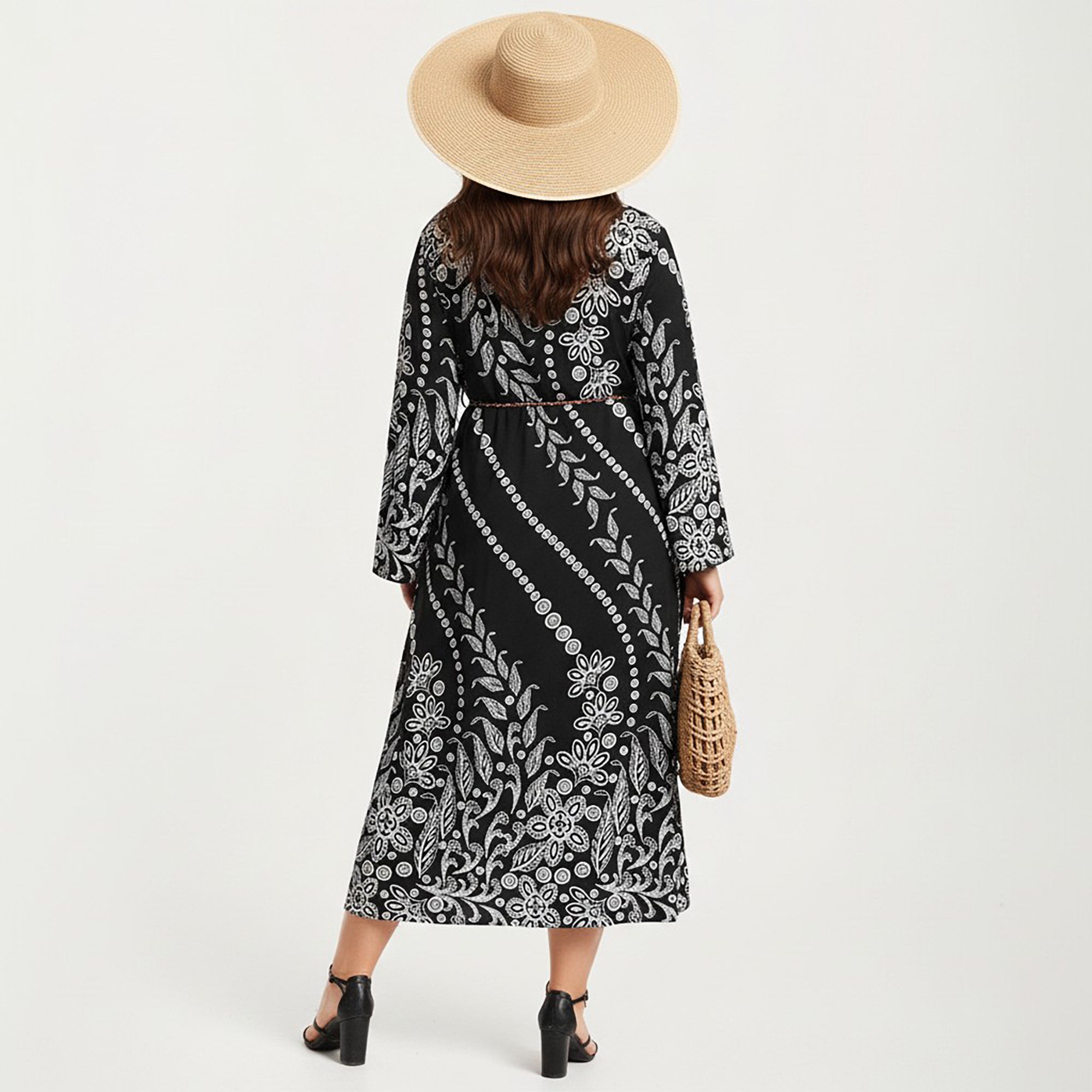 Anna-Kaci Women's Plus Size Paisley Print Long Sleeve Midi Dress with Round Neckline and Adjustable Waist Tie