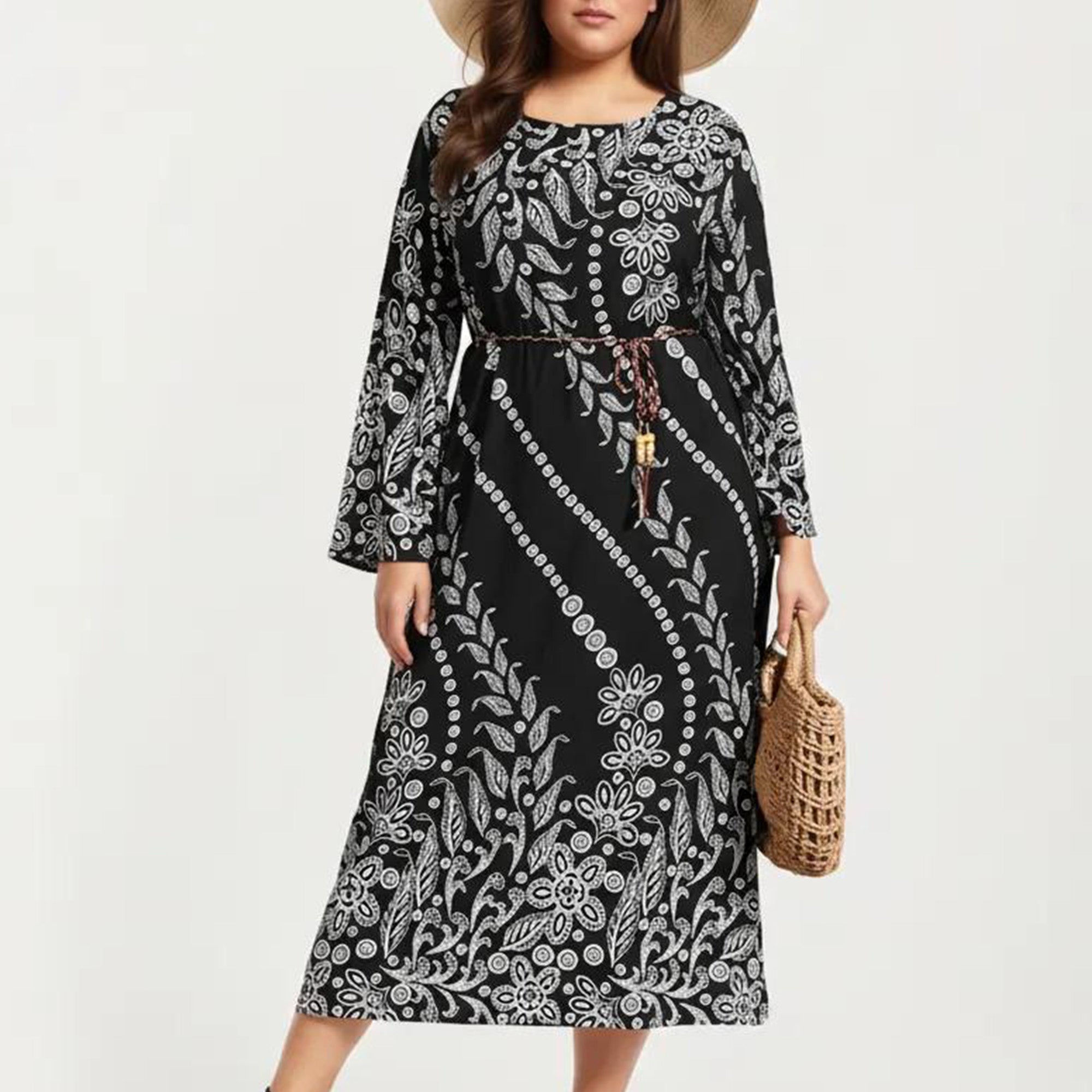Anna-Kaci Women's Plus Size Paisley Print Long Sleeve Midi Dress with Round Neckline and Adjustable Waist Tie
