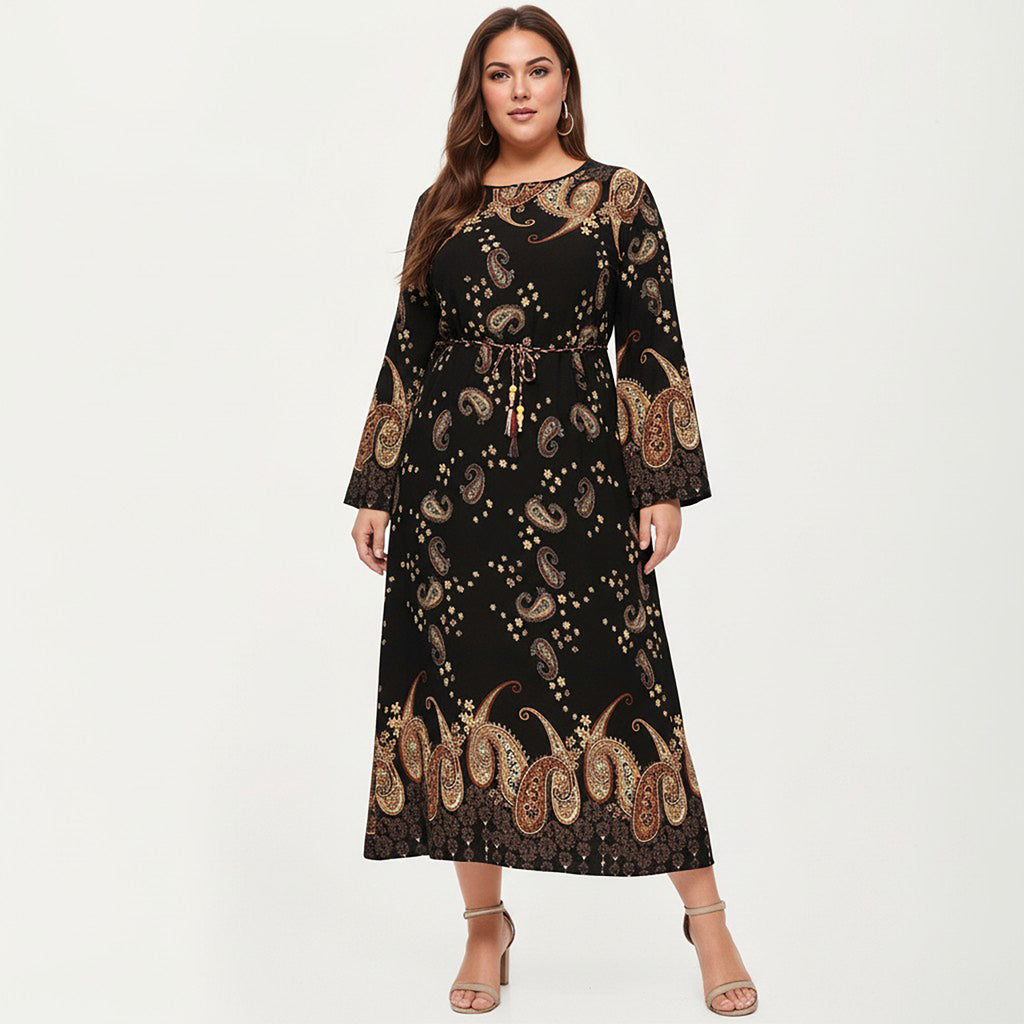 Anna-Kaci Women's Plus Size Paisley Print Long Sleeve Midi Dress with Round Neckline and Adjustable Waist Tie