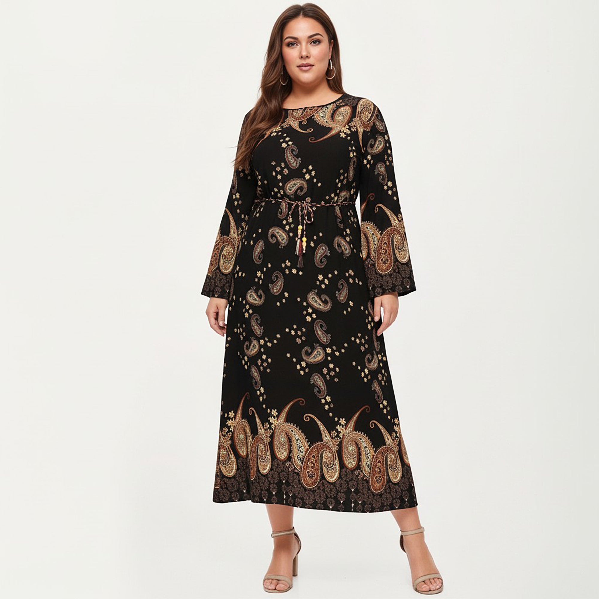 Anna-Kaci Women's Plus Size Paisley Print Long Sleeve Midi Dress with Round Neckline and Adjustable Waist Tie