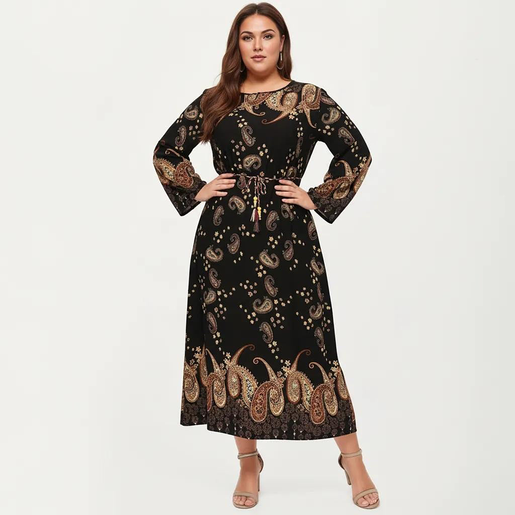 Anna-Kaci Women's Plus Size Paisley Print Long Sleeve Midi Dress with Round Neckline and Adjustable Waist Tie