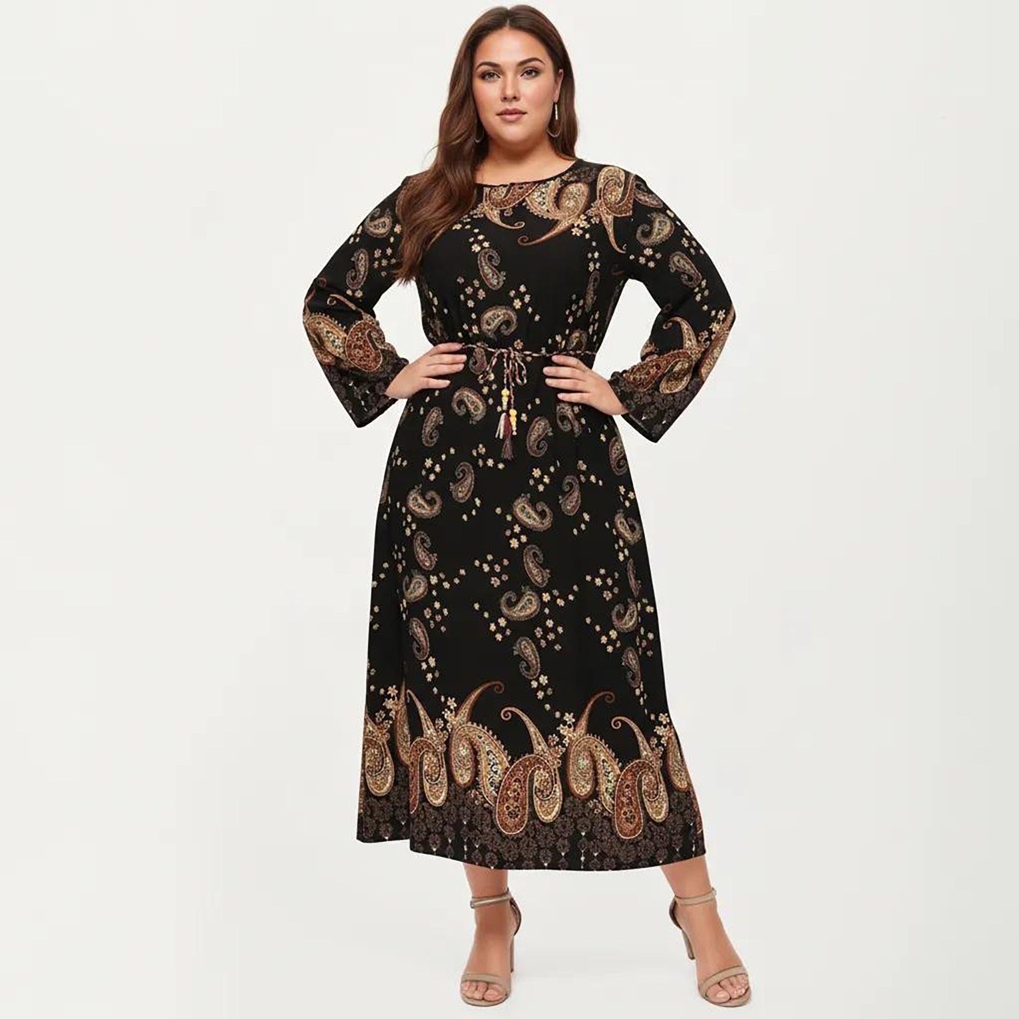 Anna-Kaci Women's Plus Size Paisley Print Long Sleeve Midi Dress with Round Neckline and Adjustable Waist Tie