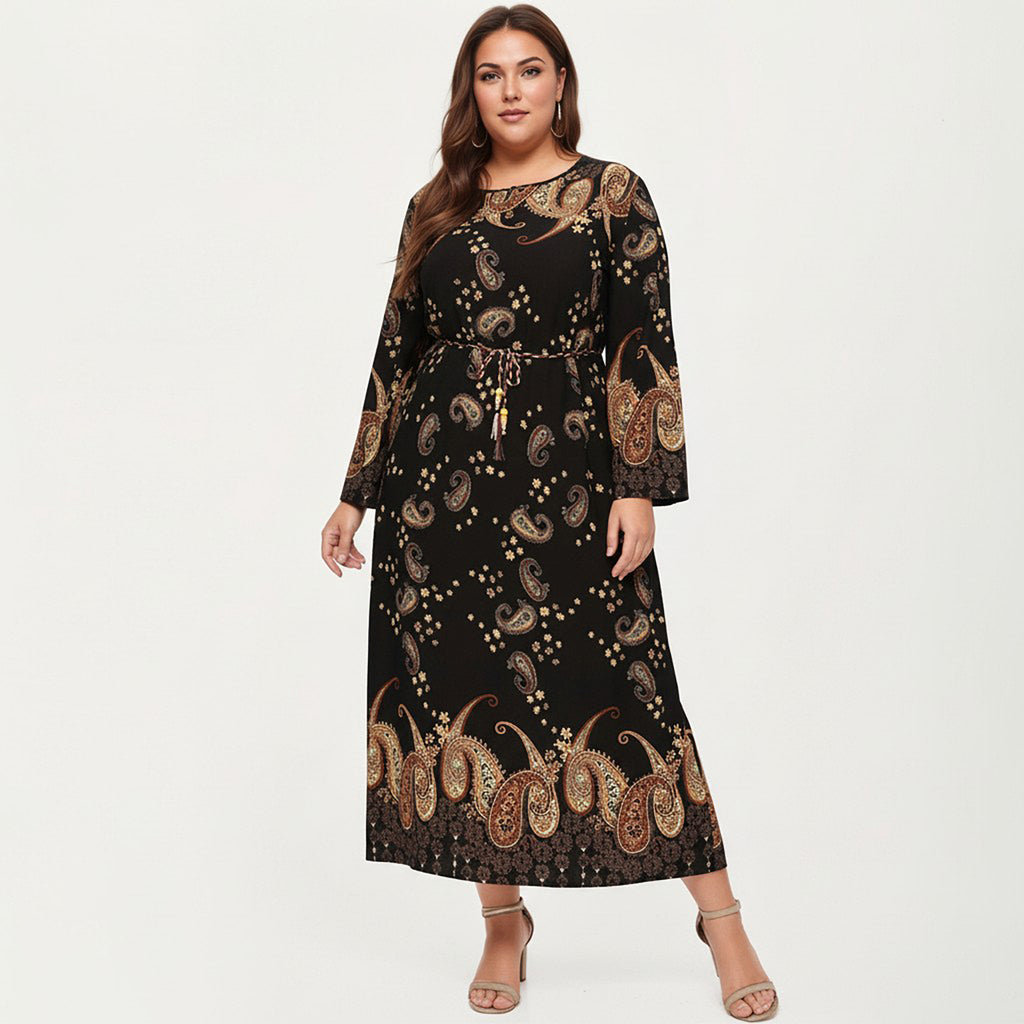 Anna-Kaci Women's Plus Size Paisley Print Long Sleeve Midi Dress with Round Neckline and Adjustable Waist Tie