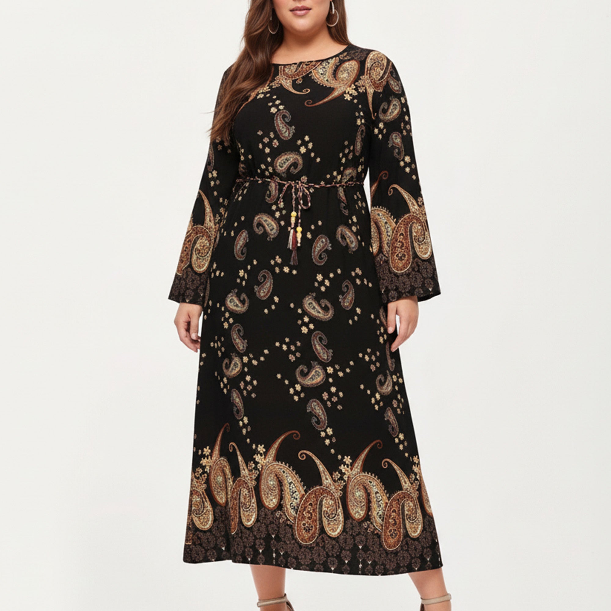 Anna-Kaci Women's Plus Size Paisley Print Long Sleeve Midi Dress with Round Neckline and Adjustable Waist Tie