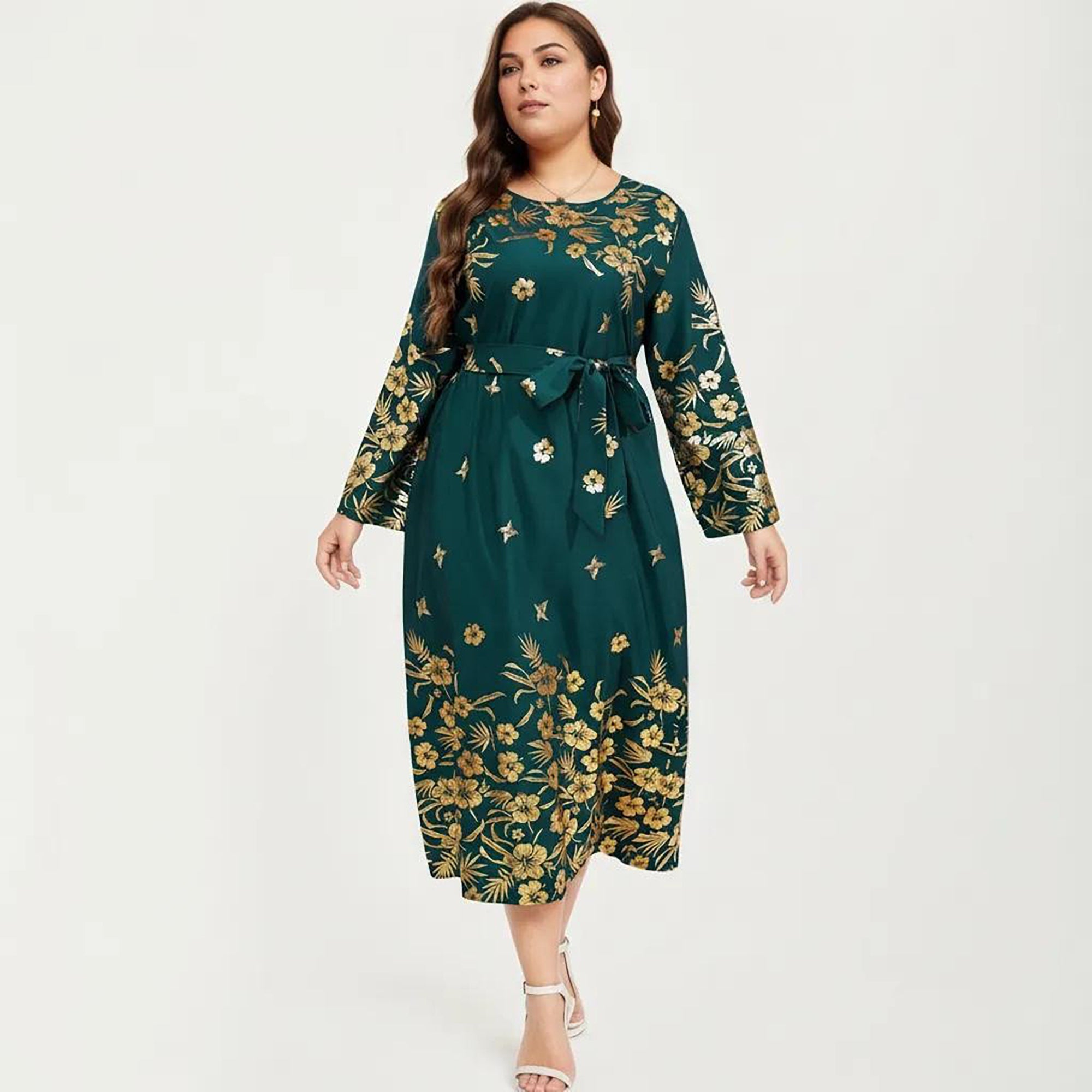 Anna-Kaci Women's Plus Size Paisley Print Long Sleeve Midi Dress with Round Neckline and Adjustable Waist Tie