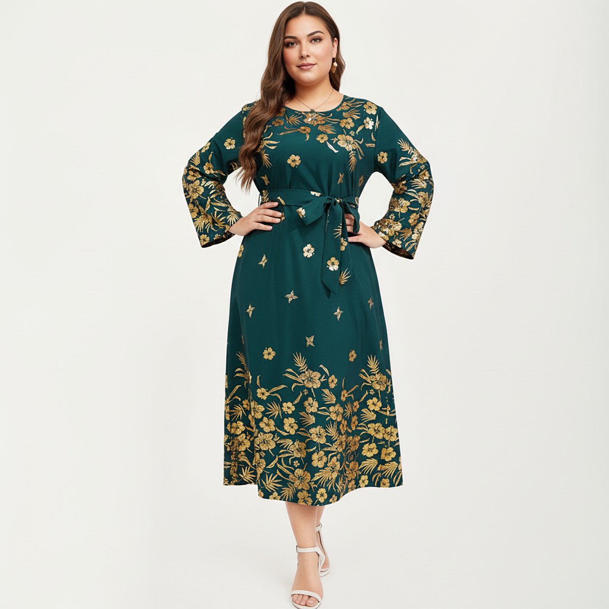 Anna-Kaci Women's Plus Size Paisley Print Long Sleeve Midi Dress with Round Neckline and Adjustable Waist Tie