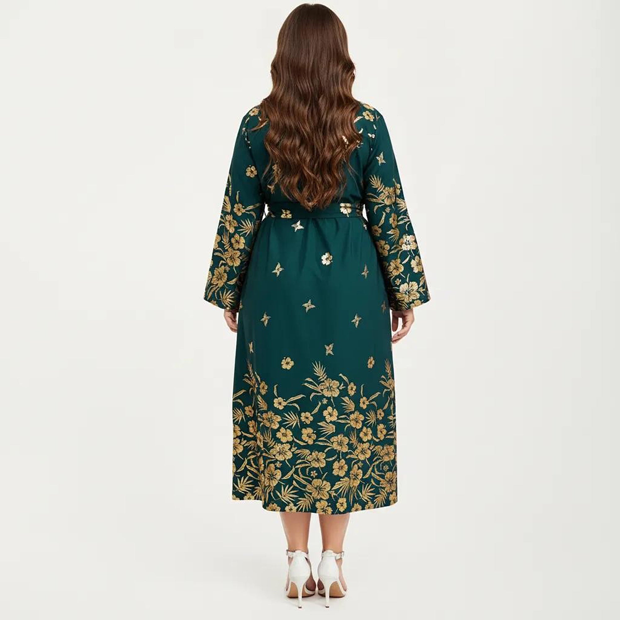 Anna-Kaci Women's Plus Size Paisley Print Long Sleeve Midi Dress with Round Neckline and Adjustable Waist Tie