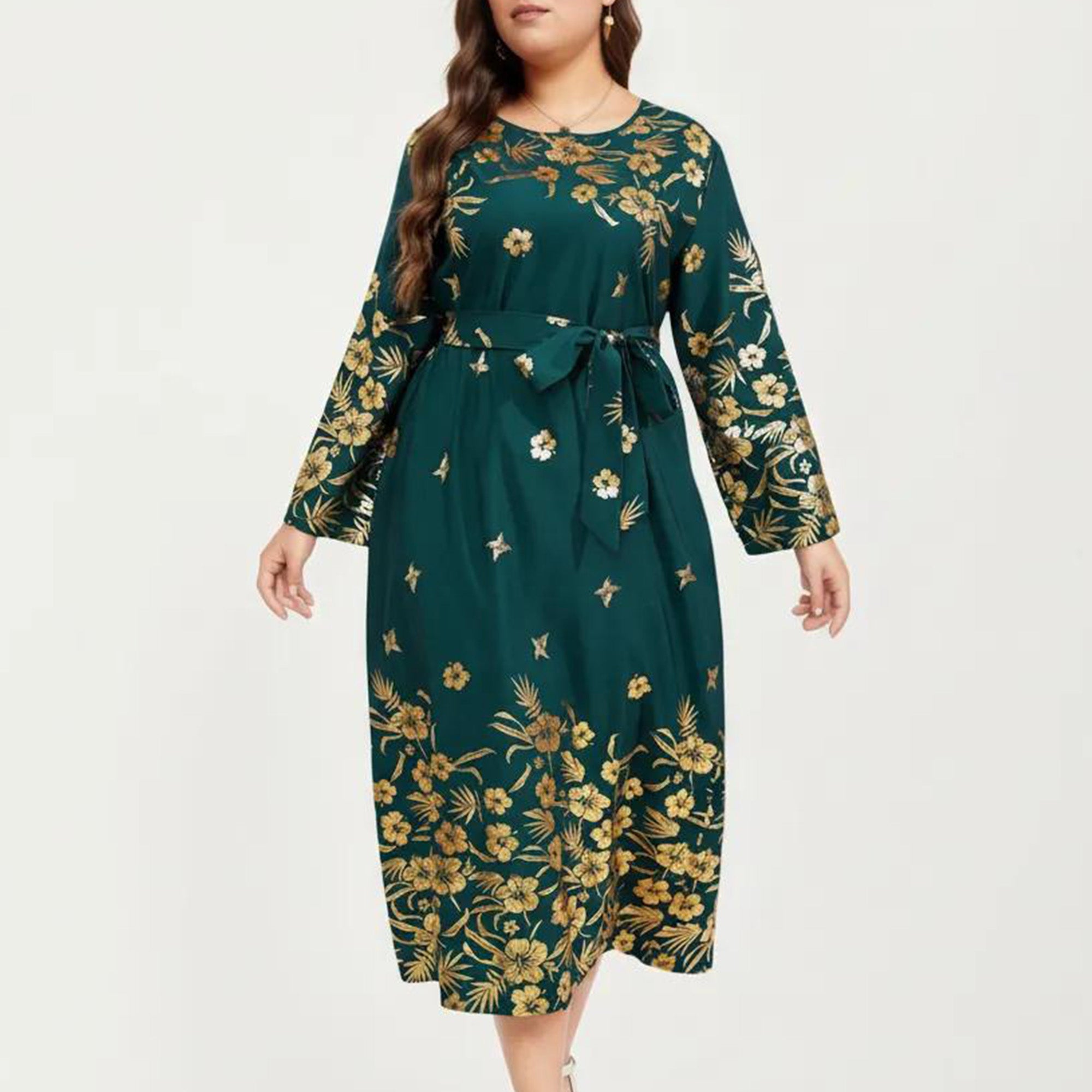 Anna-Kaci Women's Plus Size Paisley Print Long Sleeve Midi Dress with Round Neckline and Adjustable Waist Tie