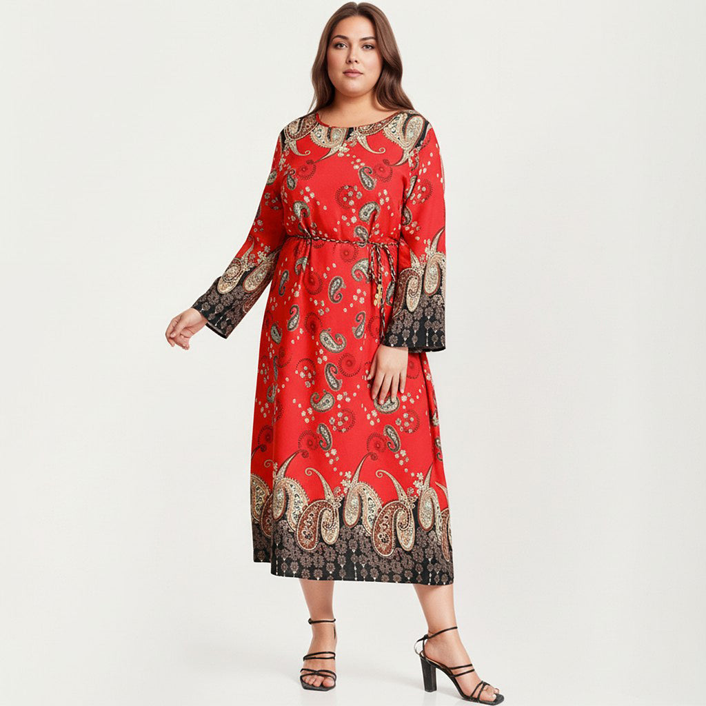 Anna-Kaci Women's Plus Size Paisley Print Long Sleeve Midi Dress with Round Neckline and Adjustable Waist Tie