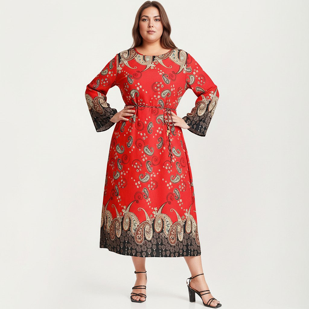 Anna-Kaci Women's Plus Size Paisley Print Long Sleeve Midi Dress with Round Neckline and Adjustable Waist Tie
