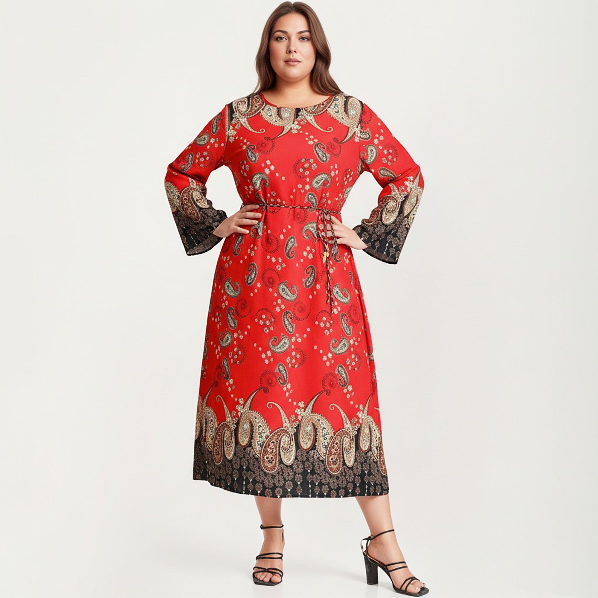 Anna-Kaci Women's Plus Size Paisley Print Long Sleeve Midi Dress with Round Neckline and Adjustable Waist Tie