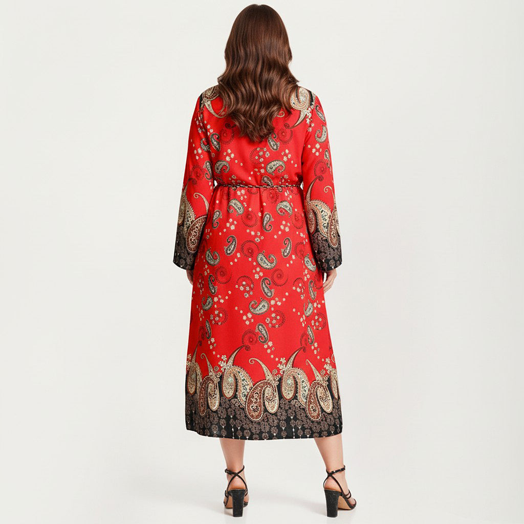 Anna-Kaci Women's Plus Size Paisley Print Long Sleeve Midi Dress with Round Neckline and Adjustable Waist Tie