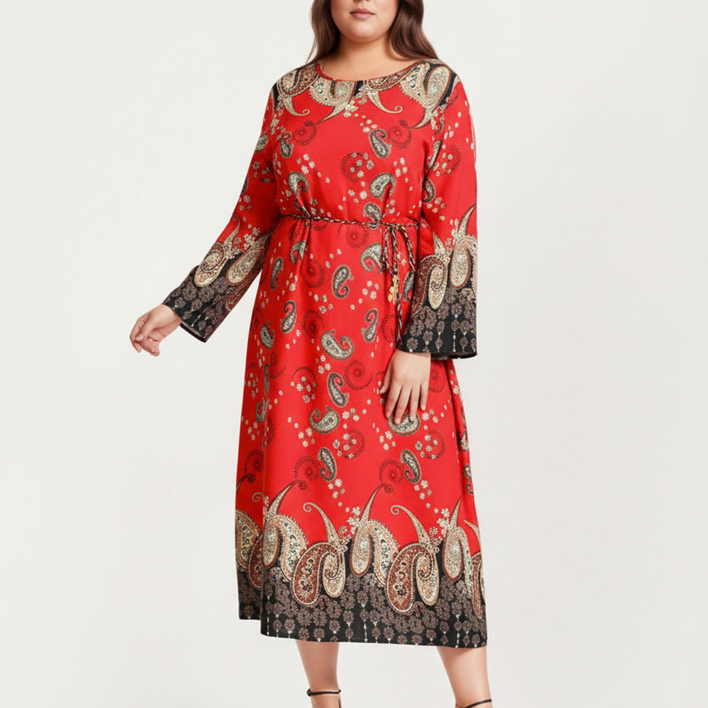 Anna-Kaci Women's Plus Size Paisley Print Long Sleeve Midi Dress with Round Neckline and Adjustable Waist Tie
