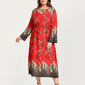 Anna-Kaci Women's Plus Size Paisley Print Long Sleeve Midi Dress with Round Neckline and Adjustable Waist Tie