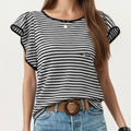 Anna-Kaci Striped Knit Short Sleeve Top with Contrast Trim Crew Neck
