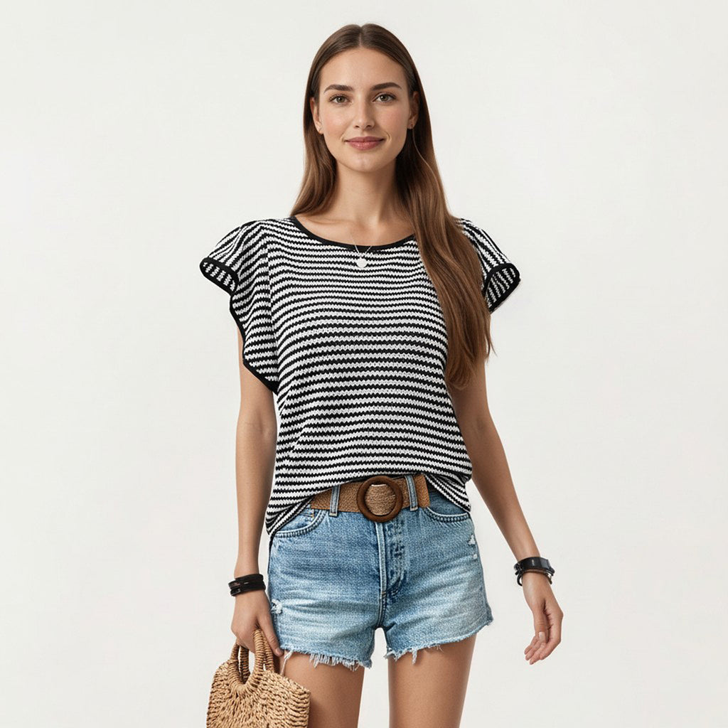 Anna-Kaci Striped Knit Short Sleeve Top with Contrast Trim Crew Neck