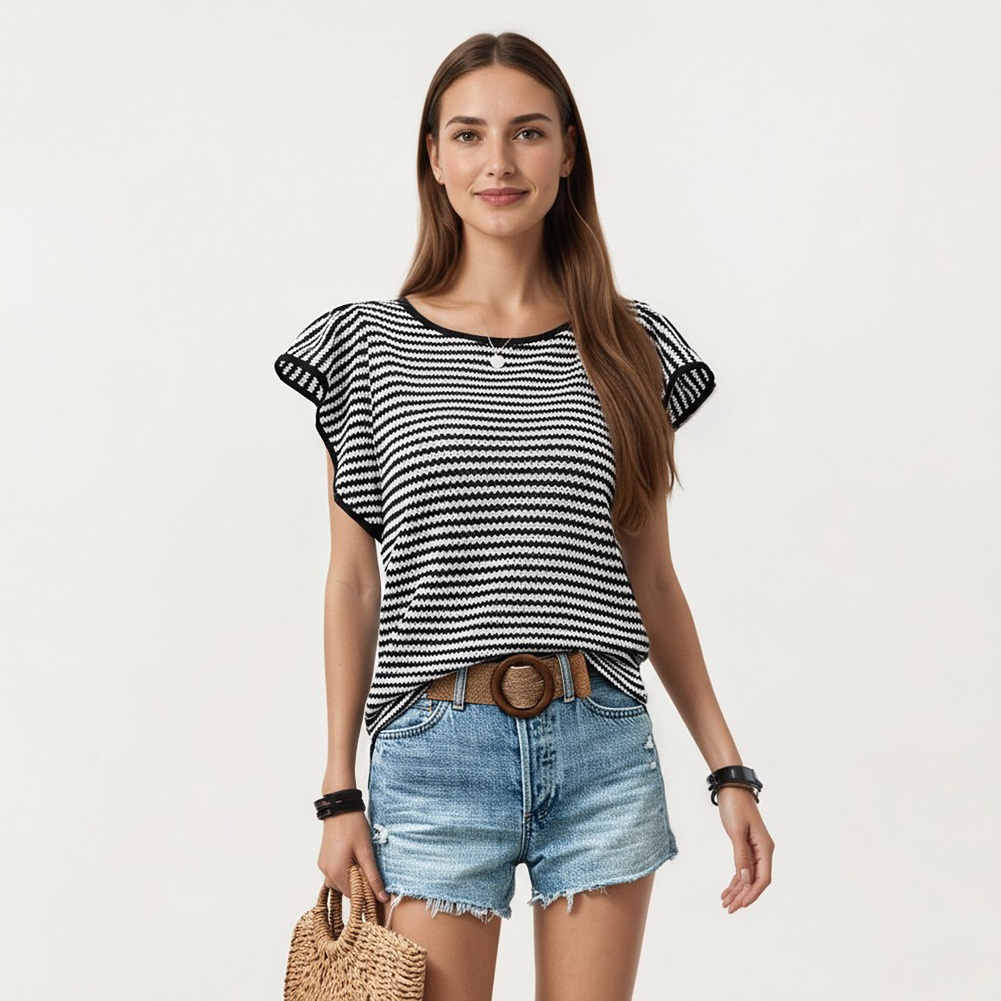 Anna-Kaci Striped Knit Short Sleeve Top with Contrast Trim Crew Neck