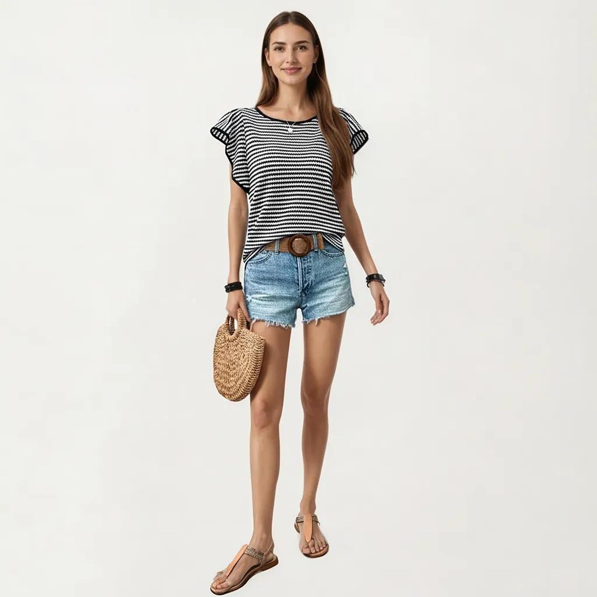 Anna-Kaci Striped Knit Short Sleeve Top with Contrast Trim Crew Neck