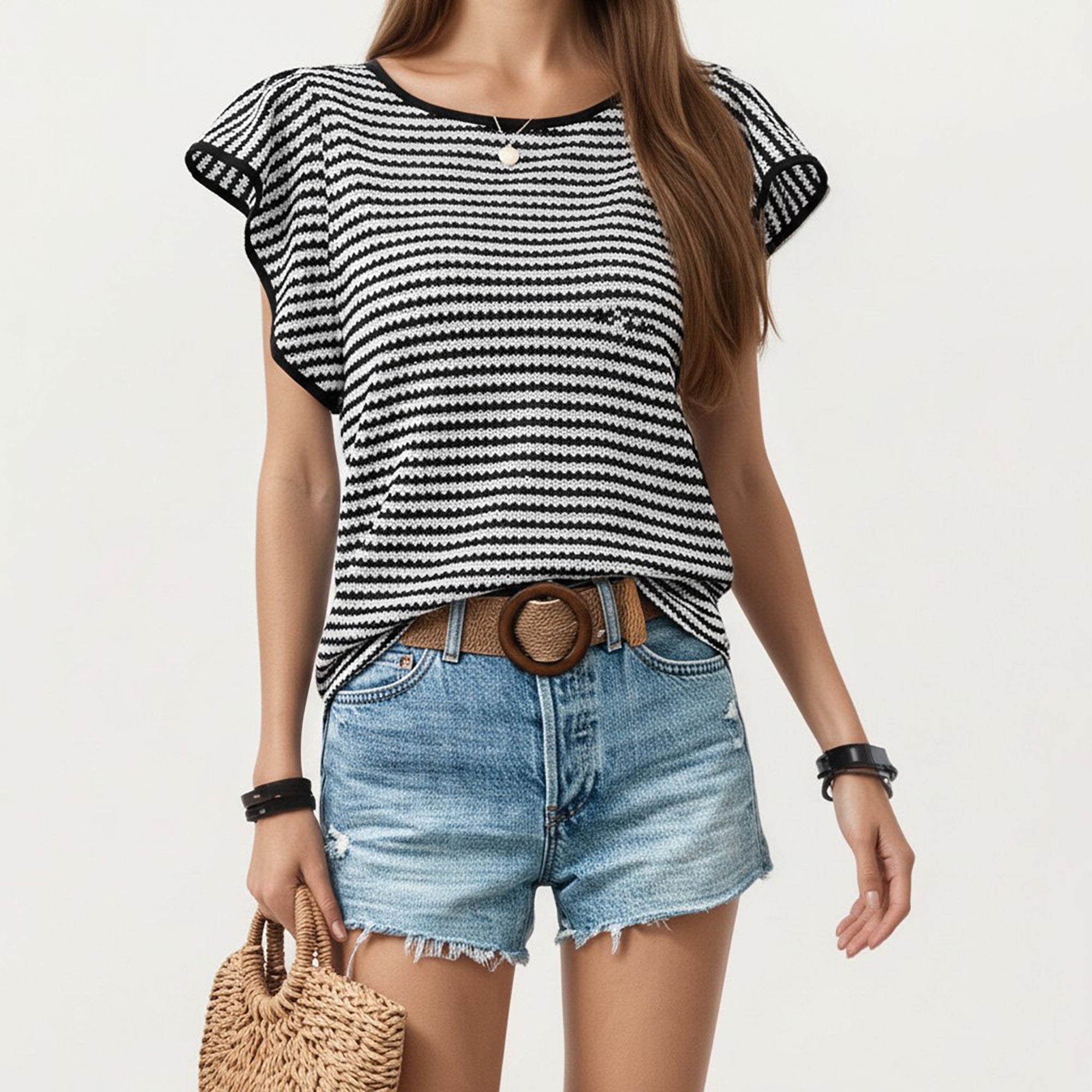 Anna-Kaci Striped Knit Short Sleeve Top with Contrast Trim Crew Neck
