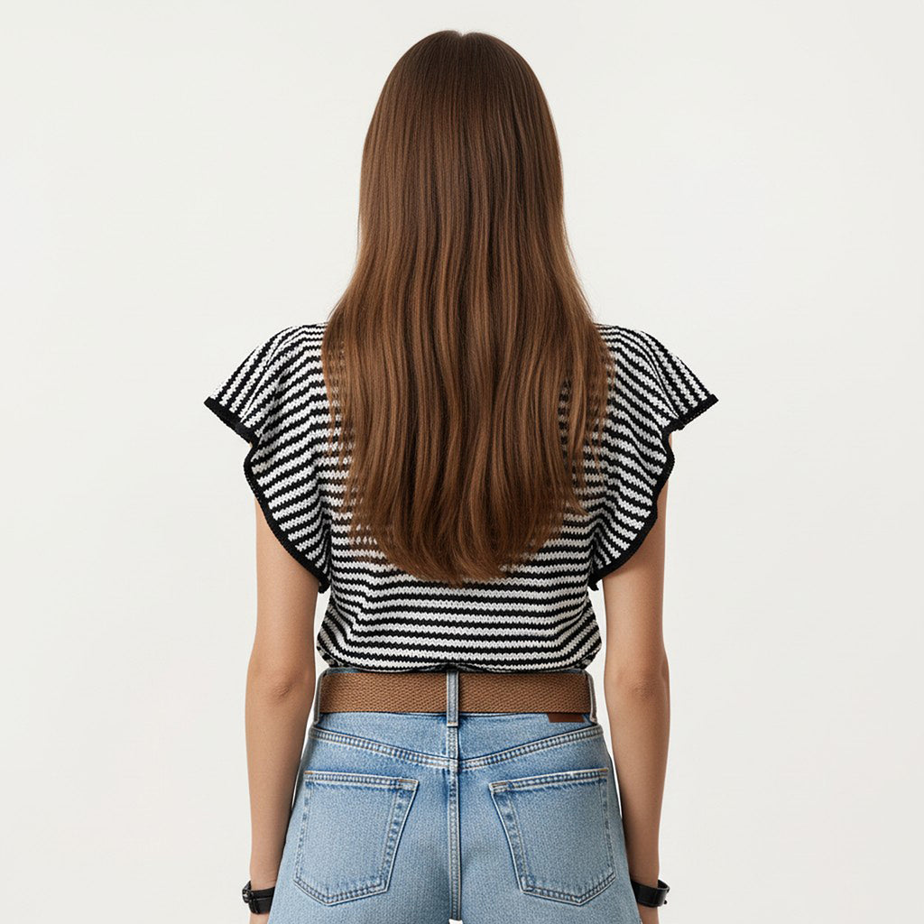 Anna-Kaci Striped Knit Short Sleeve Top with Contrast Trim Crew Neck