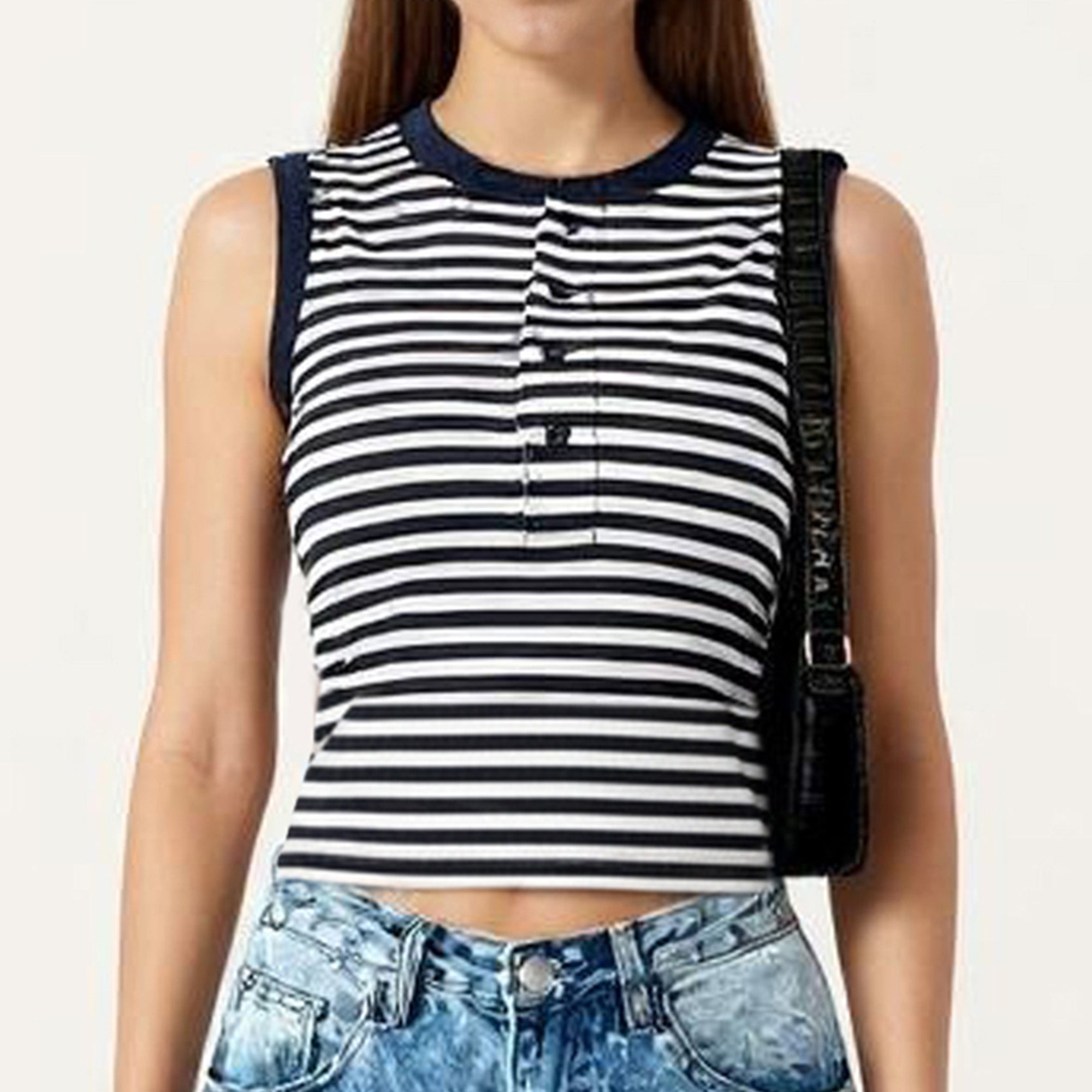 Anna-Kaci Striped Sleeveless Knit Tank Top with Button Front Crew Neck