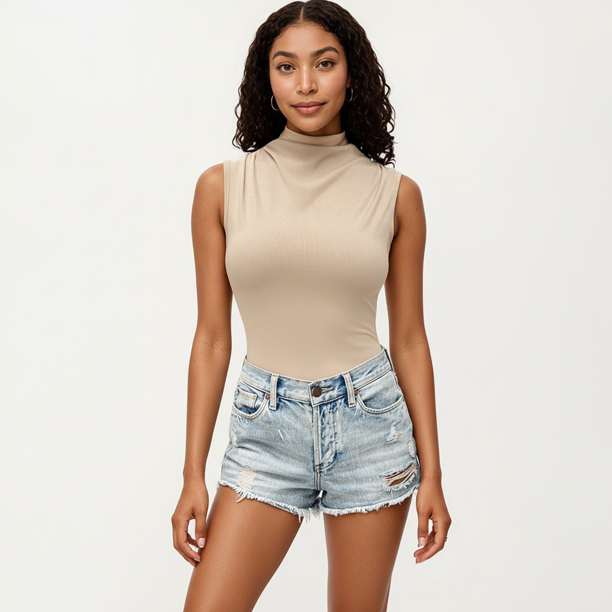 Anna-Kaci Sleeveless Ribbed Knit Bodysuit with Mock Neck Fitted Silhouette
