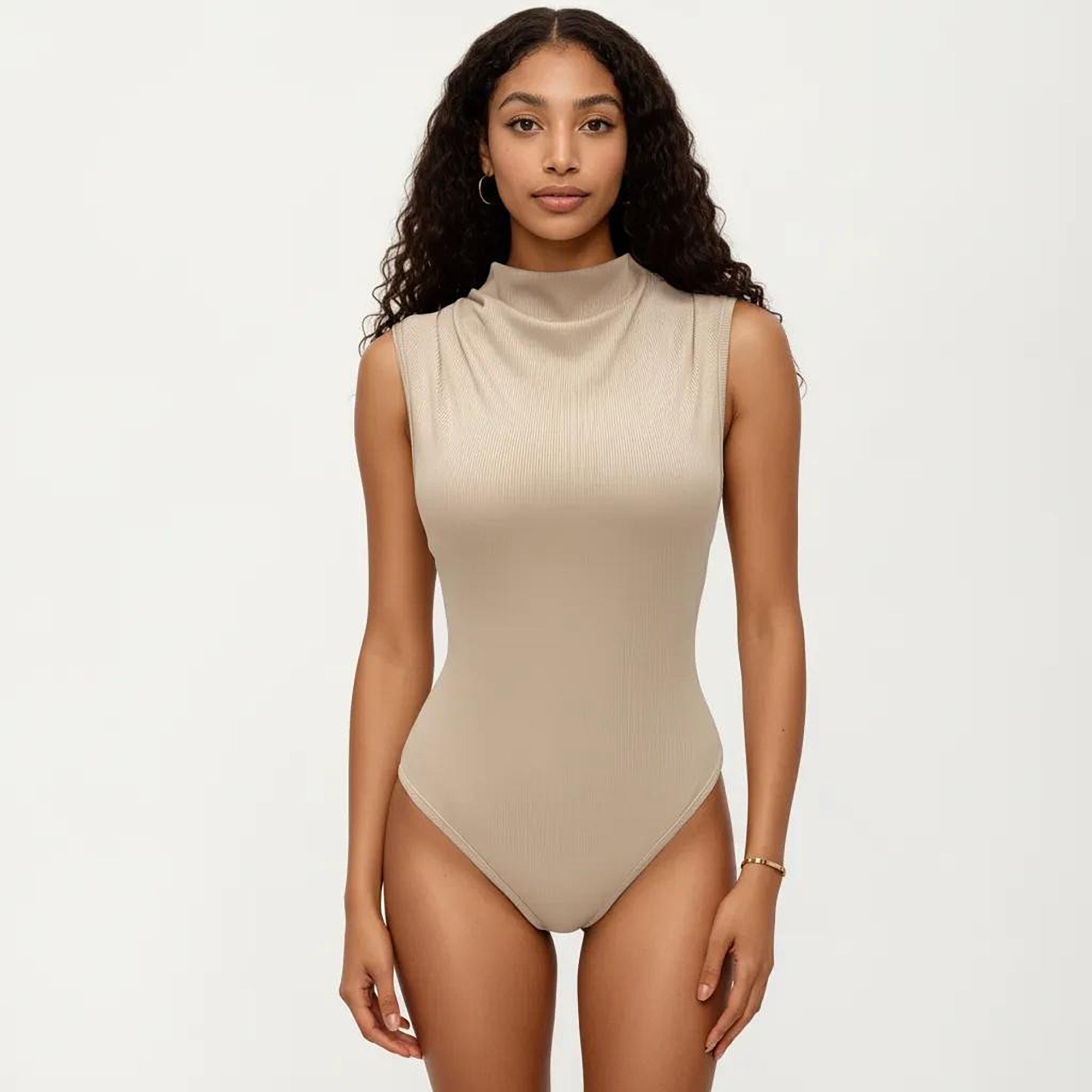 Anna-Kaci Sleeveless Ribbed Knit Bodysuit with Mock Neck Fitted Silhouette