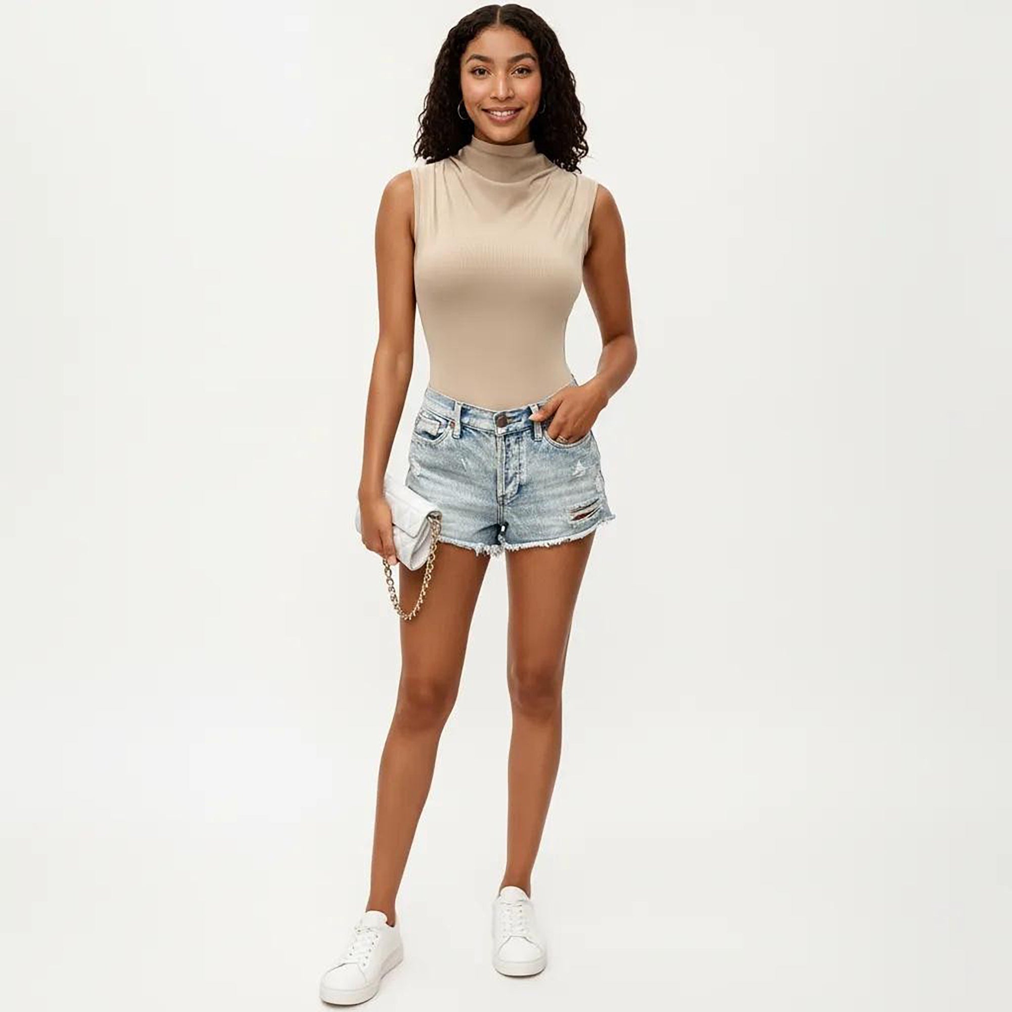 Anna-Kaci Sleeveless Ribbed Knit Bodysuit with Mock Neck Fitted Silhouette