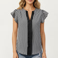 Anna-Kaci Vertical Stripe Flutter Sleeve Blouse with Split Neck Contrast Panel