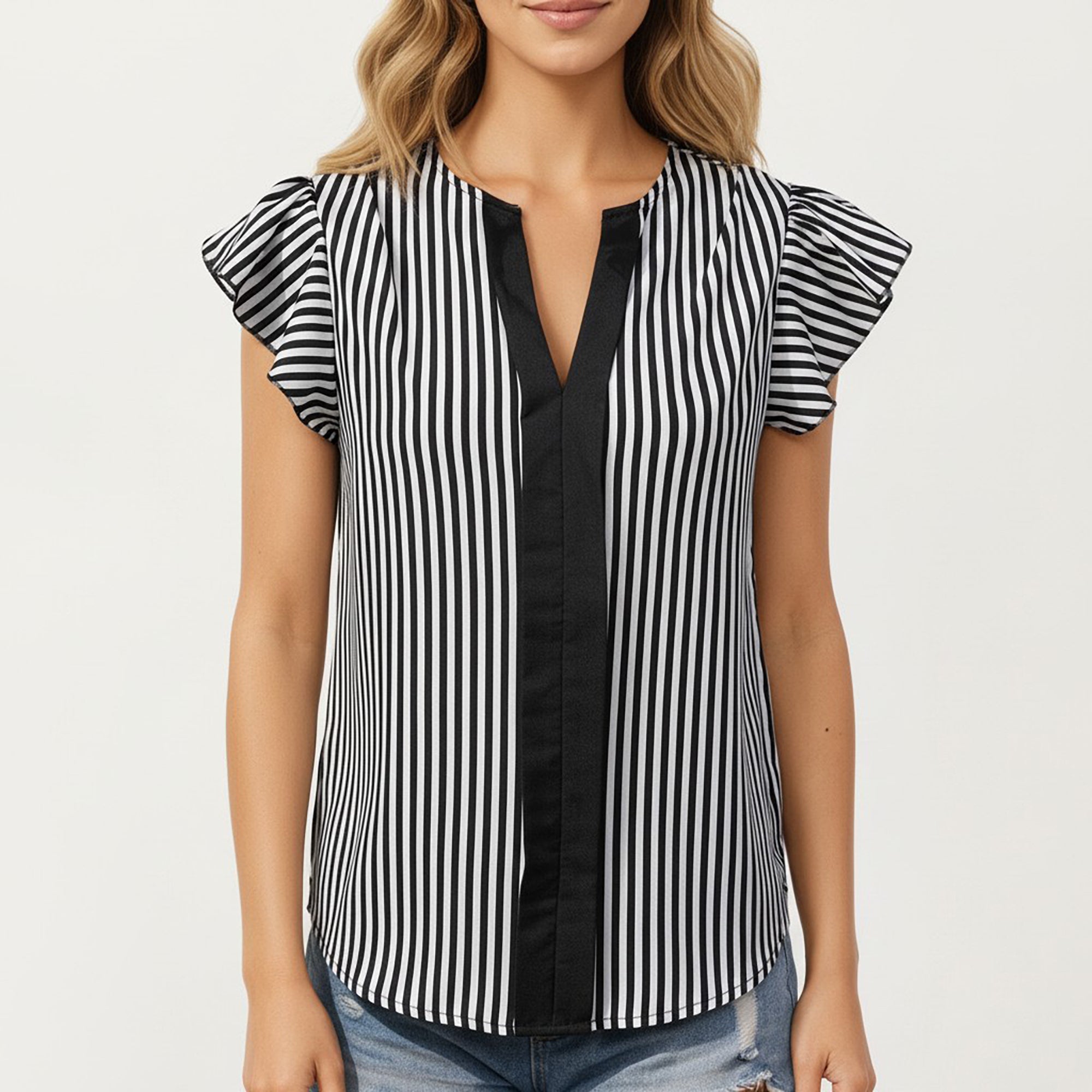 Anna-Kaci Vertical Stripe Flutter Sleeve Blouse with Split Neck Contrast Panel