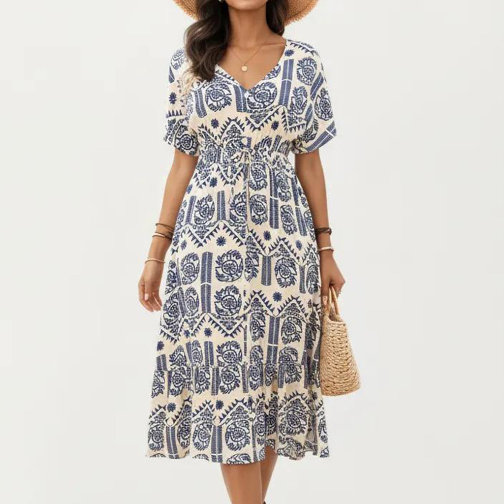 Anna-Kaci V Neck Short Sleeve Printed Midi Dress with Drawstring Waist