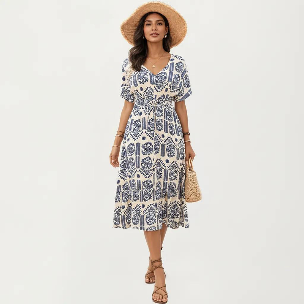 Anna-Kaci V Neck Short Sleeve Printed Midi Dress with Drawstring Waist