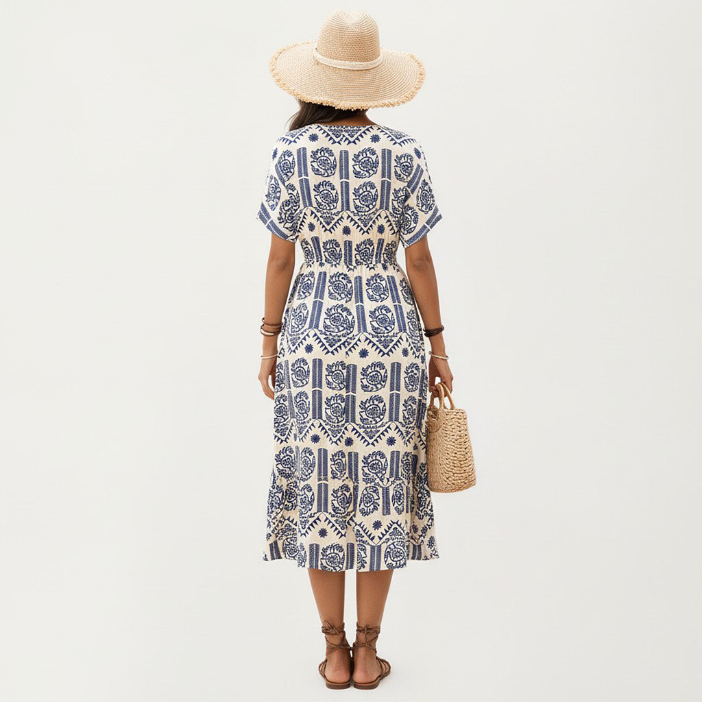 Anna-Kaci V Neck Short Sleeve Printed Midi Dress with Drawstring Waist