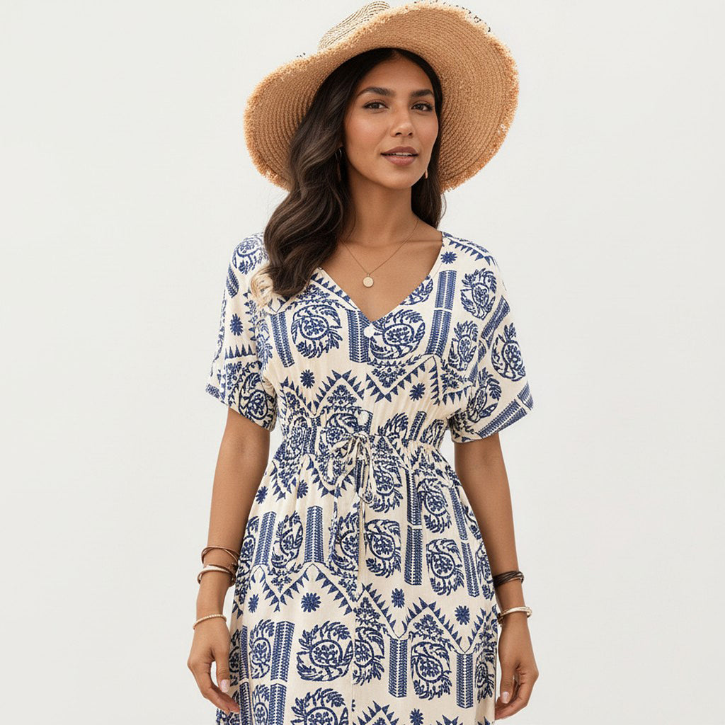 Anna-Kaci V Neck Short Sleeve Printed Midi Dress with Drawstring Waist