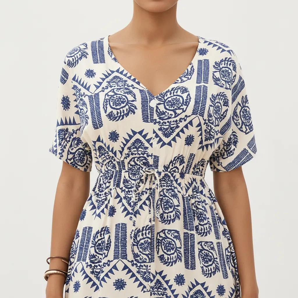 Anna-Kaci V Neck Short Sleeve Printed Midi Dress with Drawstring Waist