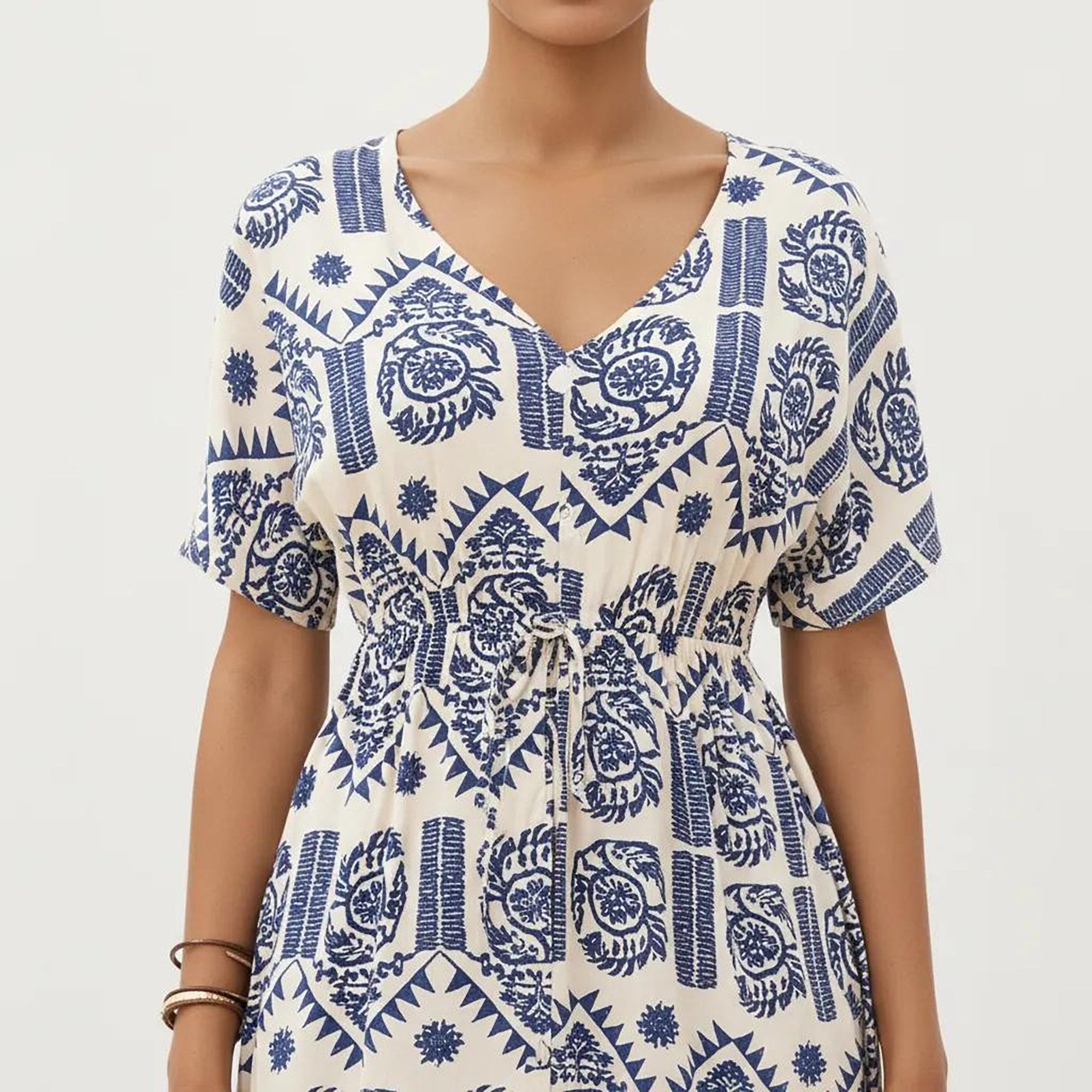Anna-Kaci V Neck Short Sleeve Printed Midi Dress with Drawstring Waist