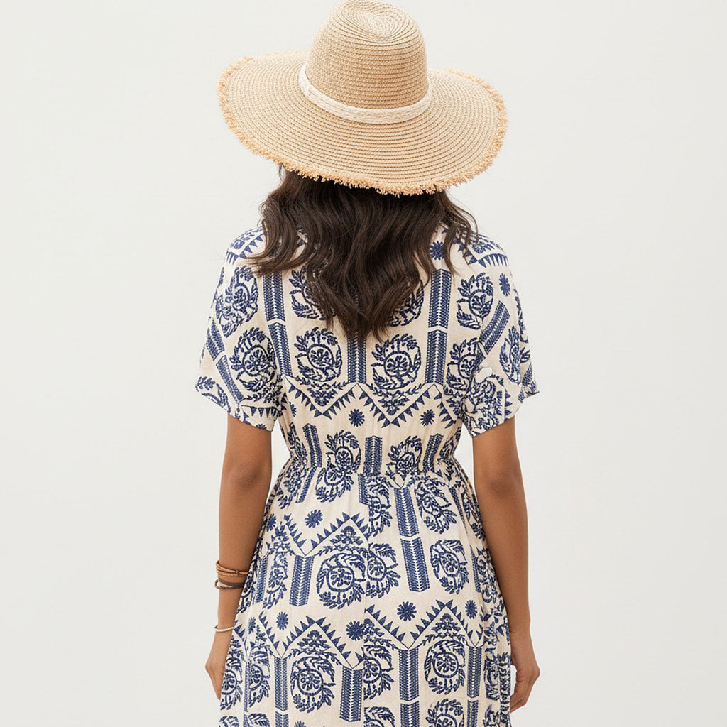 Anna-Kaci V Neck Short Sleeve Printed Midi Dress with Drawstring Waist