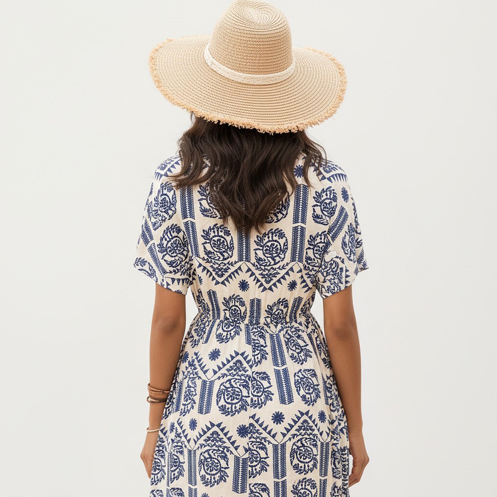 Anna-Kaci V Neck Short Sleeve Printed Midi Dress with Drawstring Waist