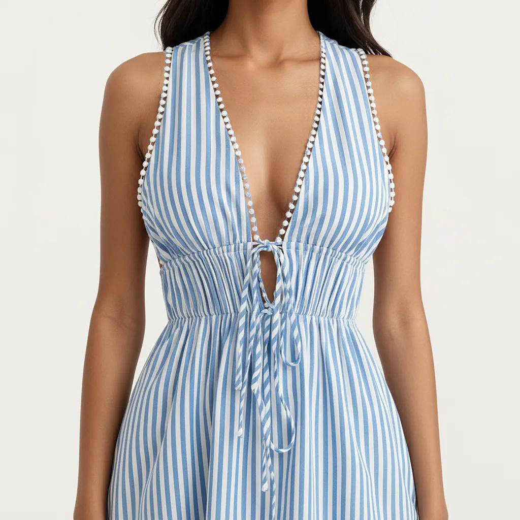 Anna-Kaci Sleeveless V Neck Striped Dress with Drawstring Waist and Tie Front