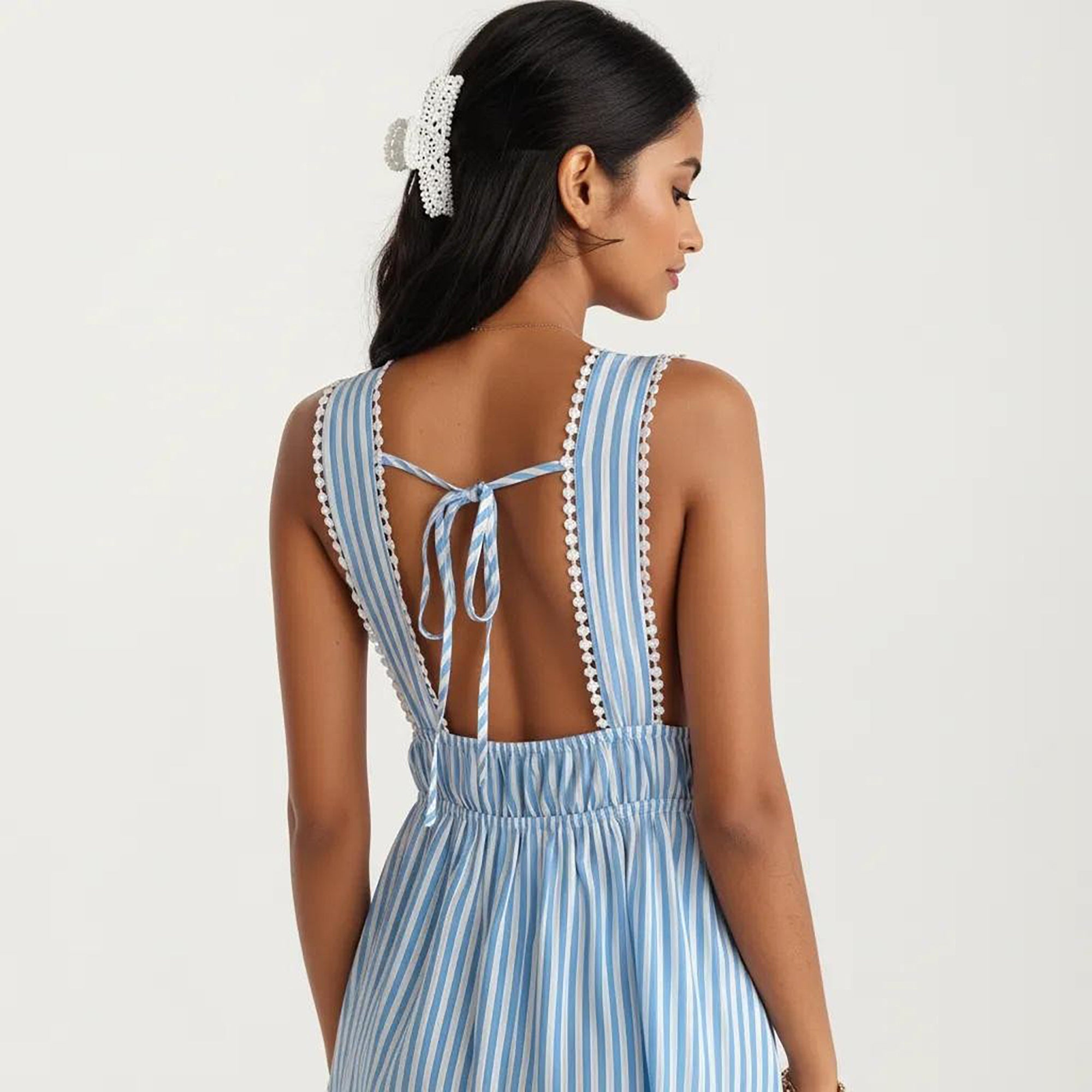 Anna-Kaci Sleeveless V Neck Striped Dress with Drawstring Waist and Tie Front