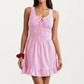 Anna-Kaci Sleeveless Gingham Mini Dress with Tie Front Bodice and Ruffle Hem