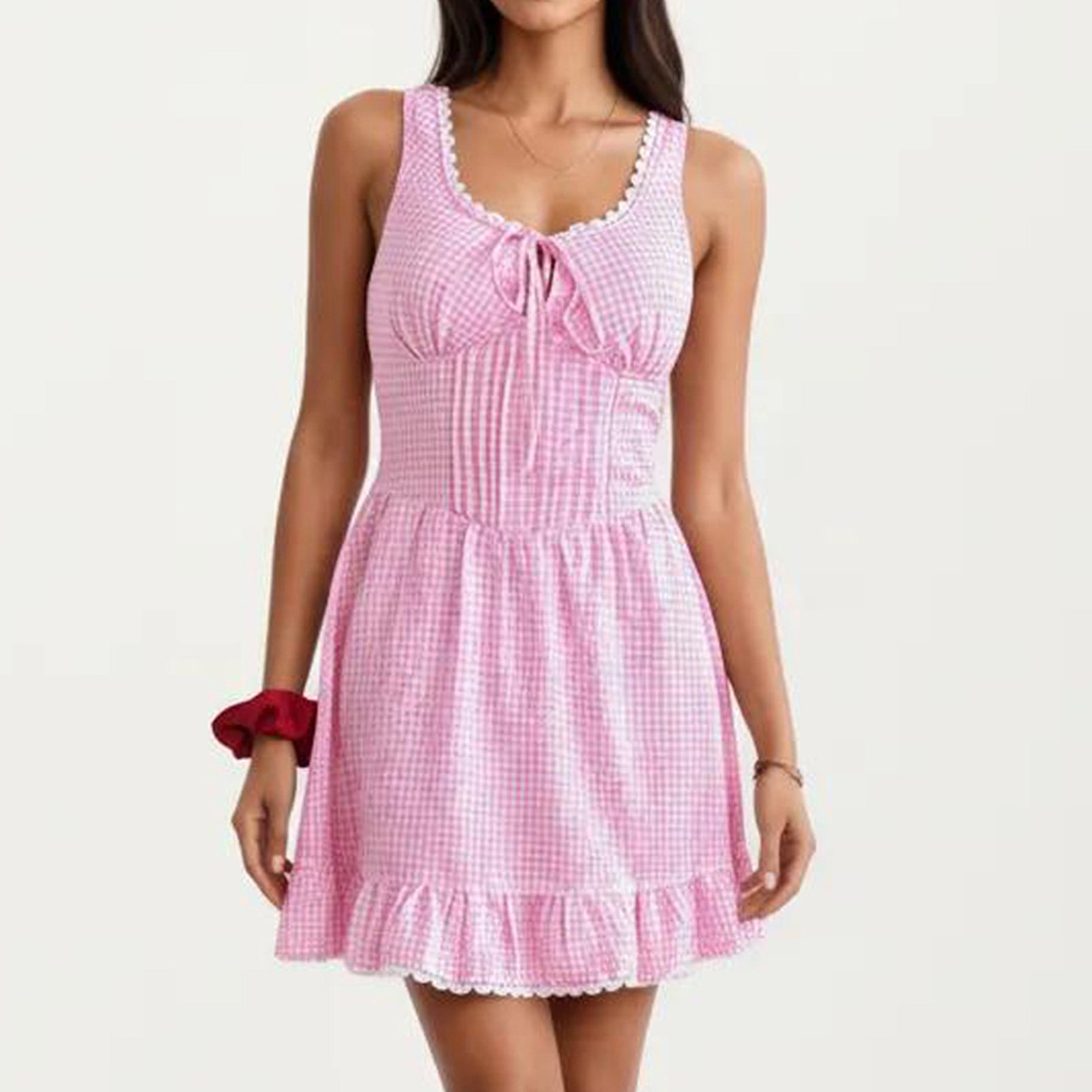 Anna-Kaci Sleeveless Gingham Mini Dress with Tie Front Bodice and Ruffle Hem