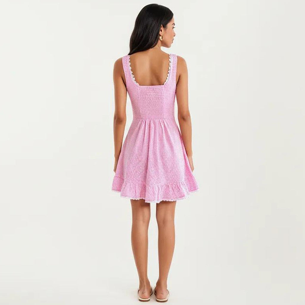 Anna-Kaci Sleeveless Gingham Mini Dress with Tie Front Bodice and Ruffle Hem