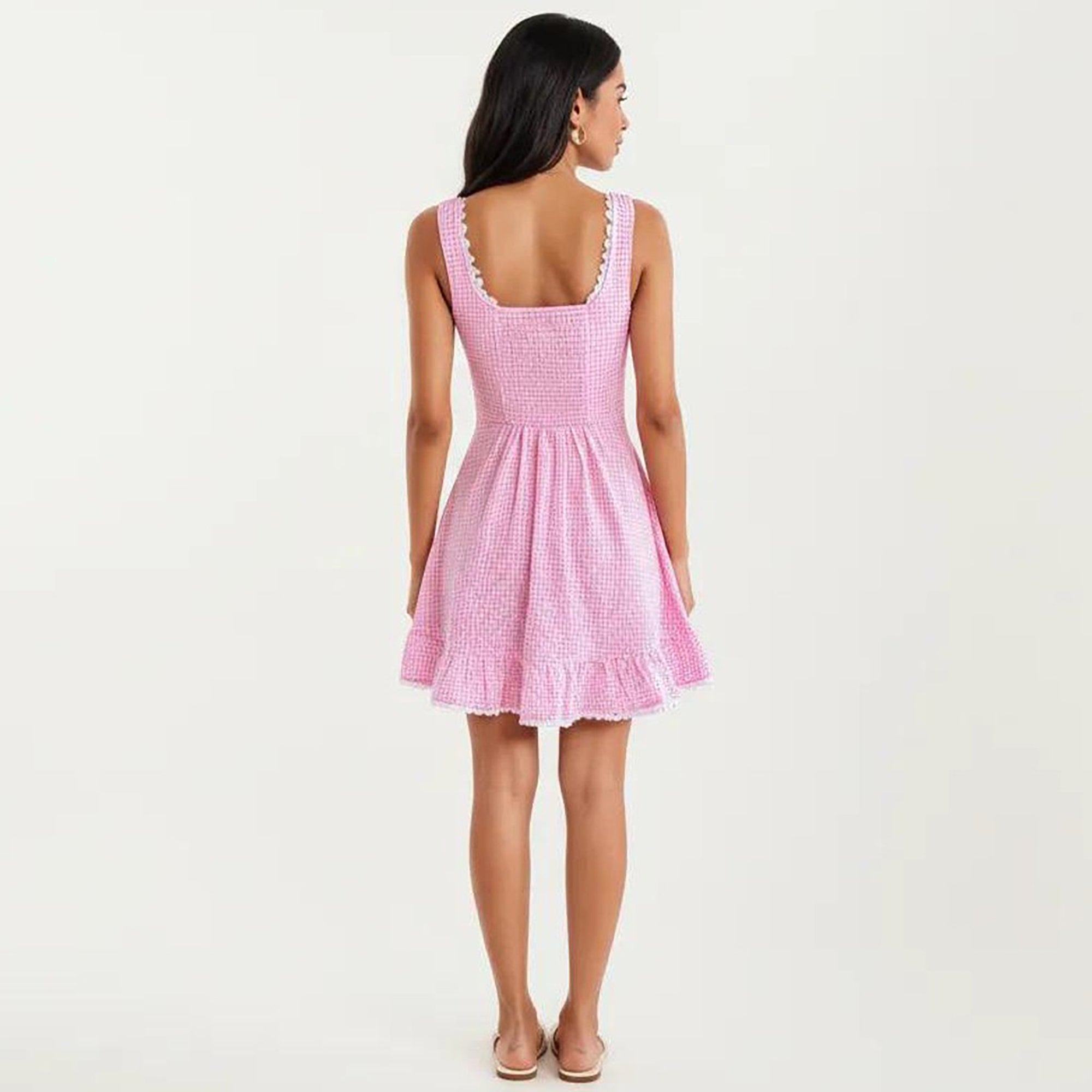 Anna-Kaci Sleeveless Gingham Mini Dress with Tie Front Bodice and Ruffle Hem