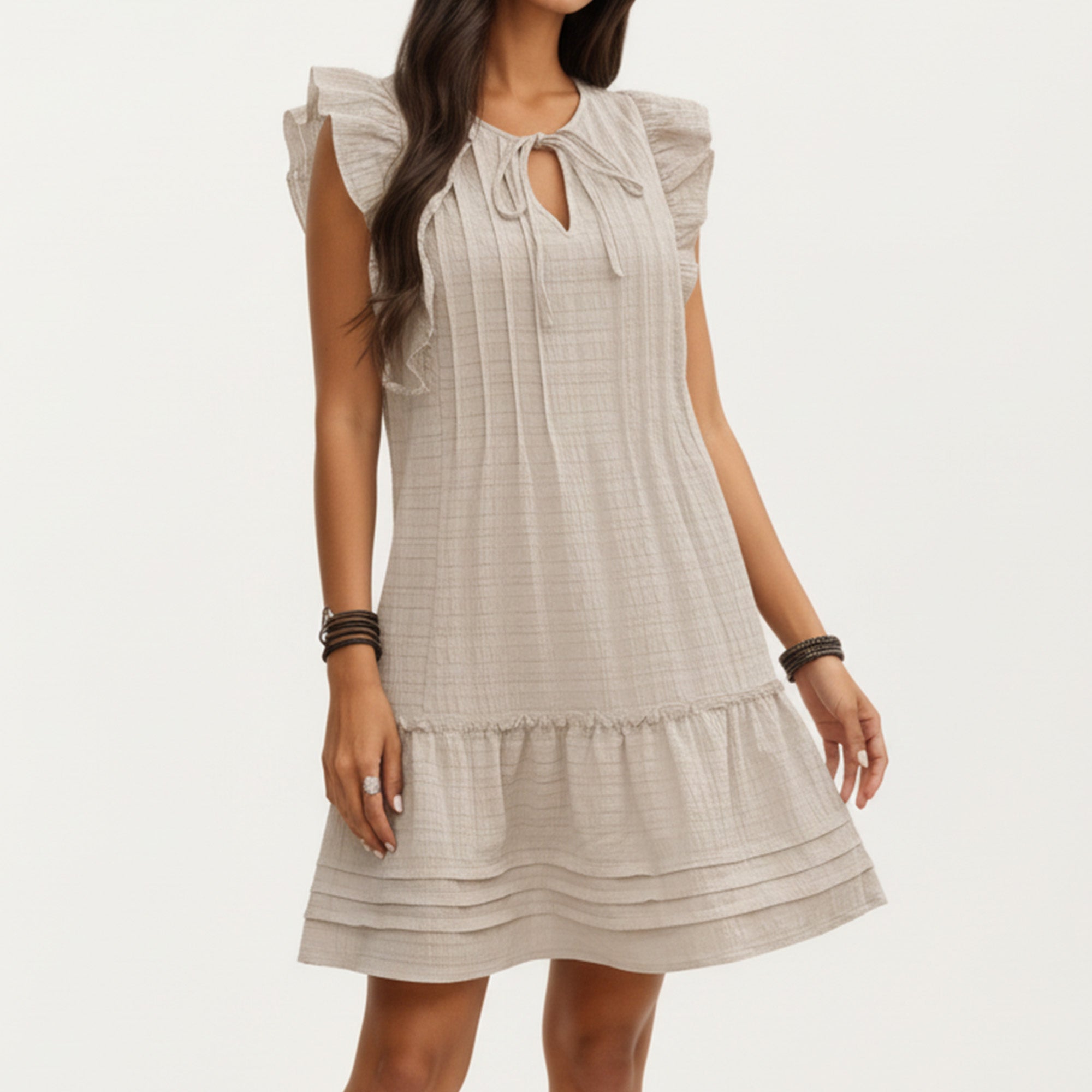 Anna-Kaci Sleeveless Ruffle Mini Dress with Tie Neck Detail and Tiered Hem