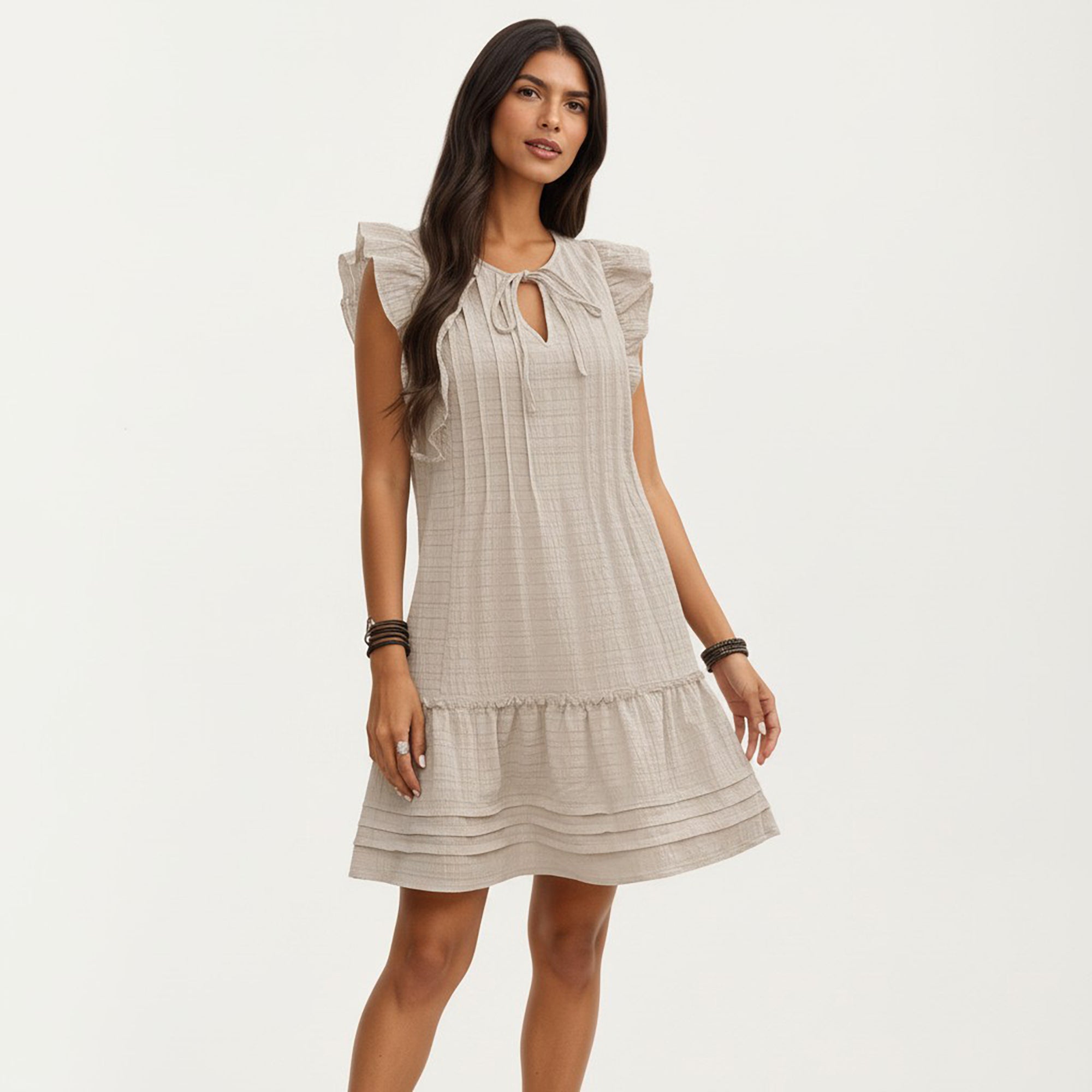 Anna-Kaci Sleeveless Ruffle Mini Dress with Tie Neck Detail and Tiered Hem