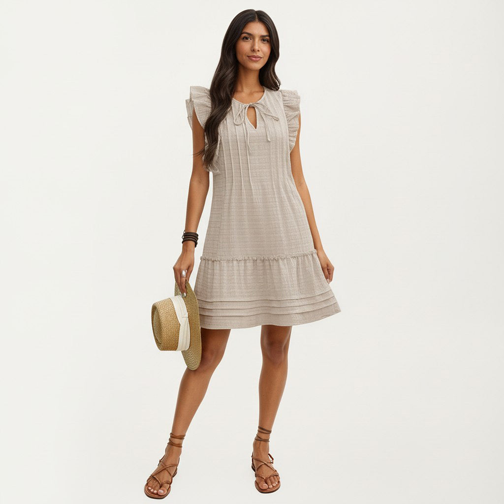 Anna-Kaci Sleeveless Ruffle Mini Dress with Tie Neck Detail and Tiered Hem