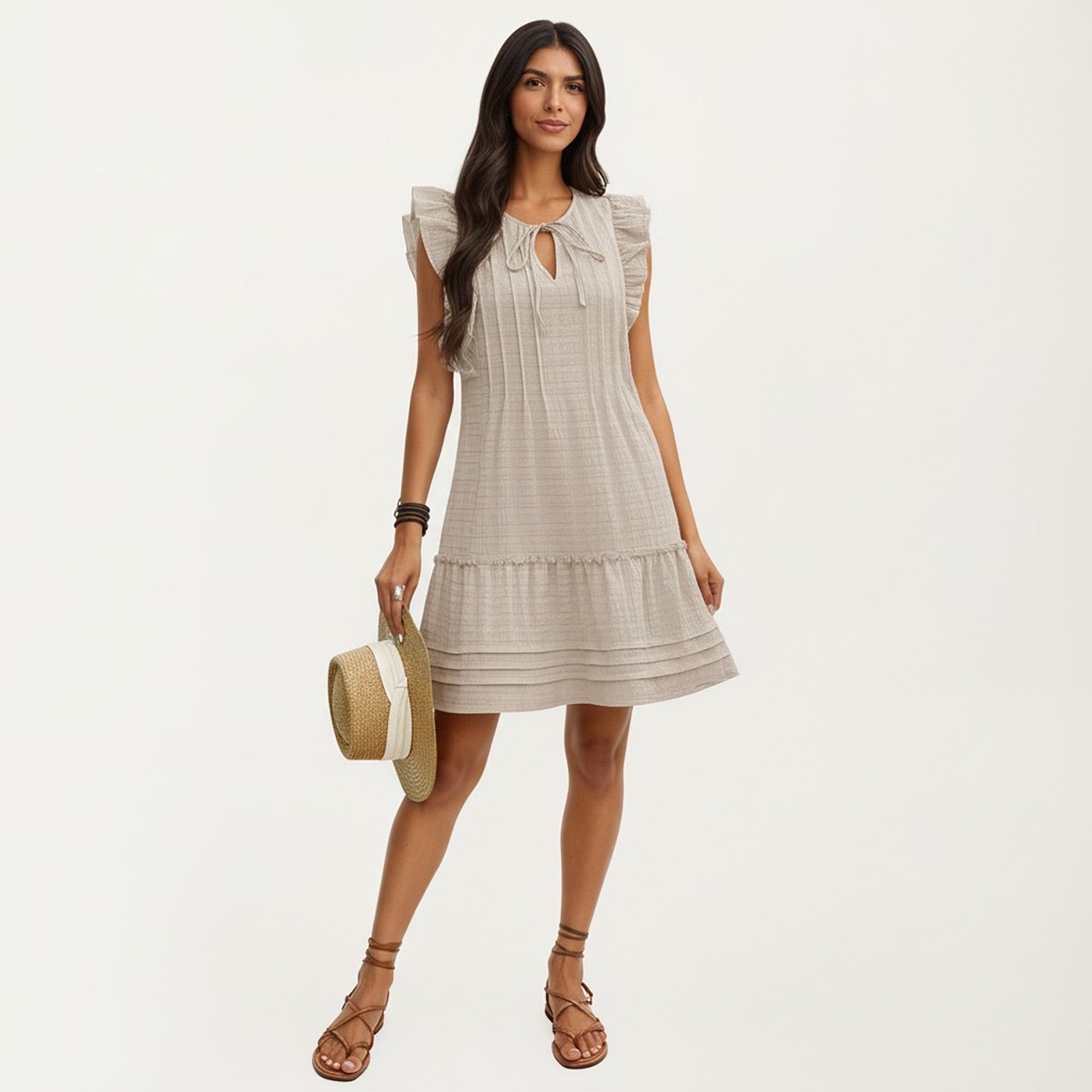 Anna-Kaci Sleeveless Ruffle Mini Dress with Tie Neck Detail and Tiered Hem
