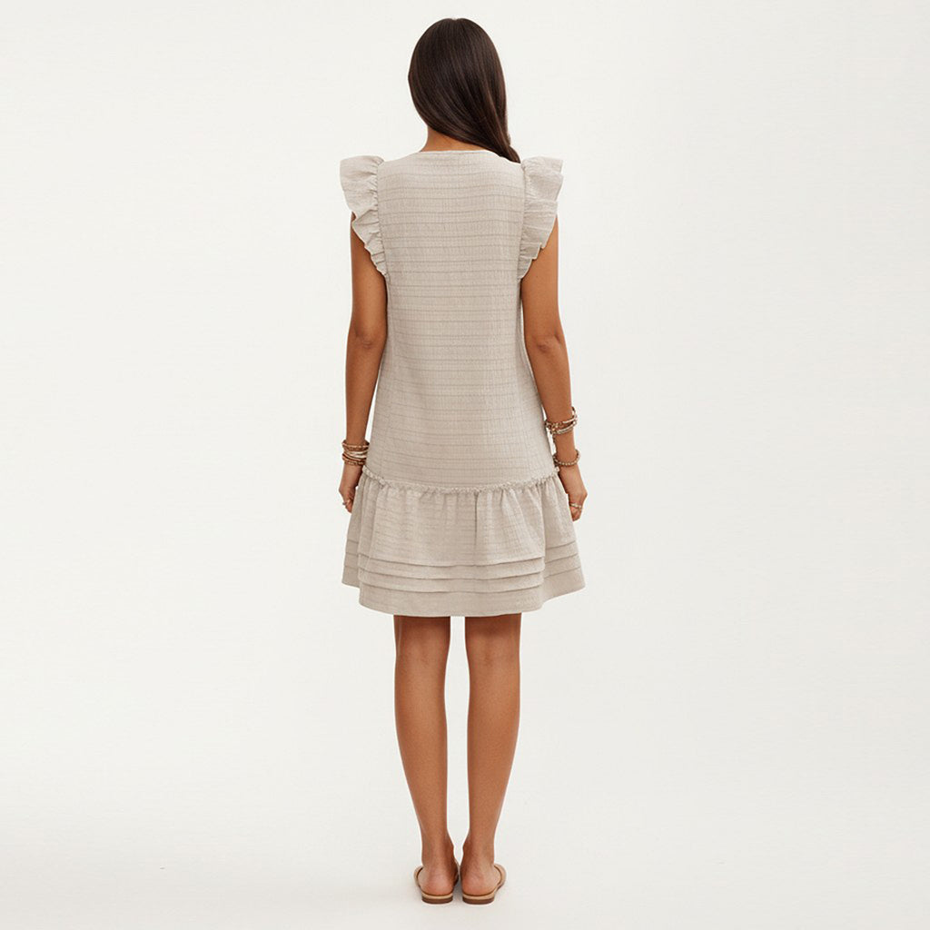 Anna-Kaci Sleeveless Ruffle Mini Dress with Tie Neck Detail and Tiered Hem