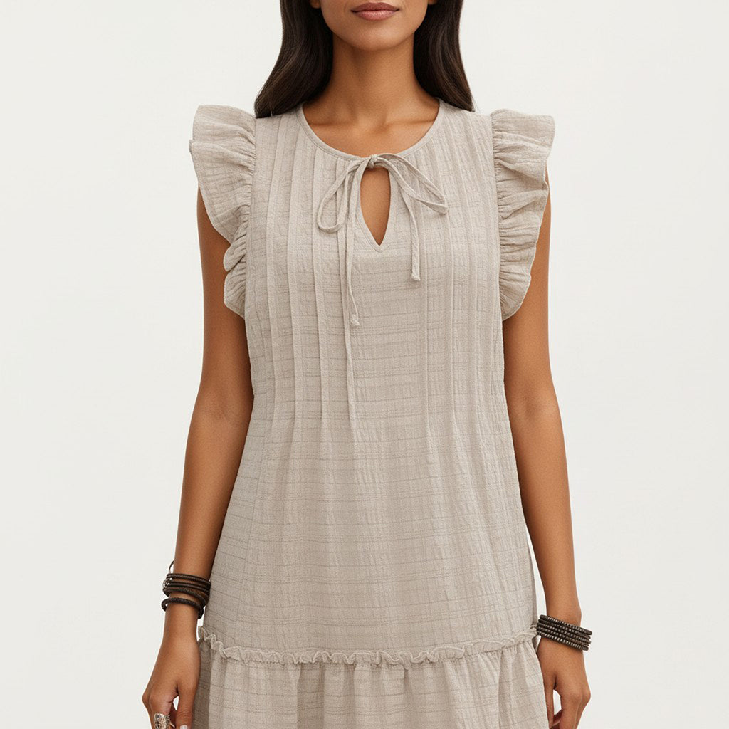 Anna-Kaci Sleeveless Ruffle Mini Dress with Tie Neck Detail and Tiered Hem